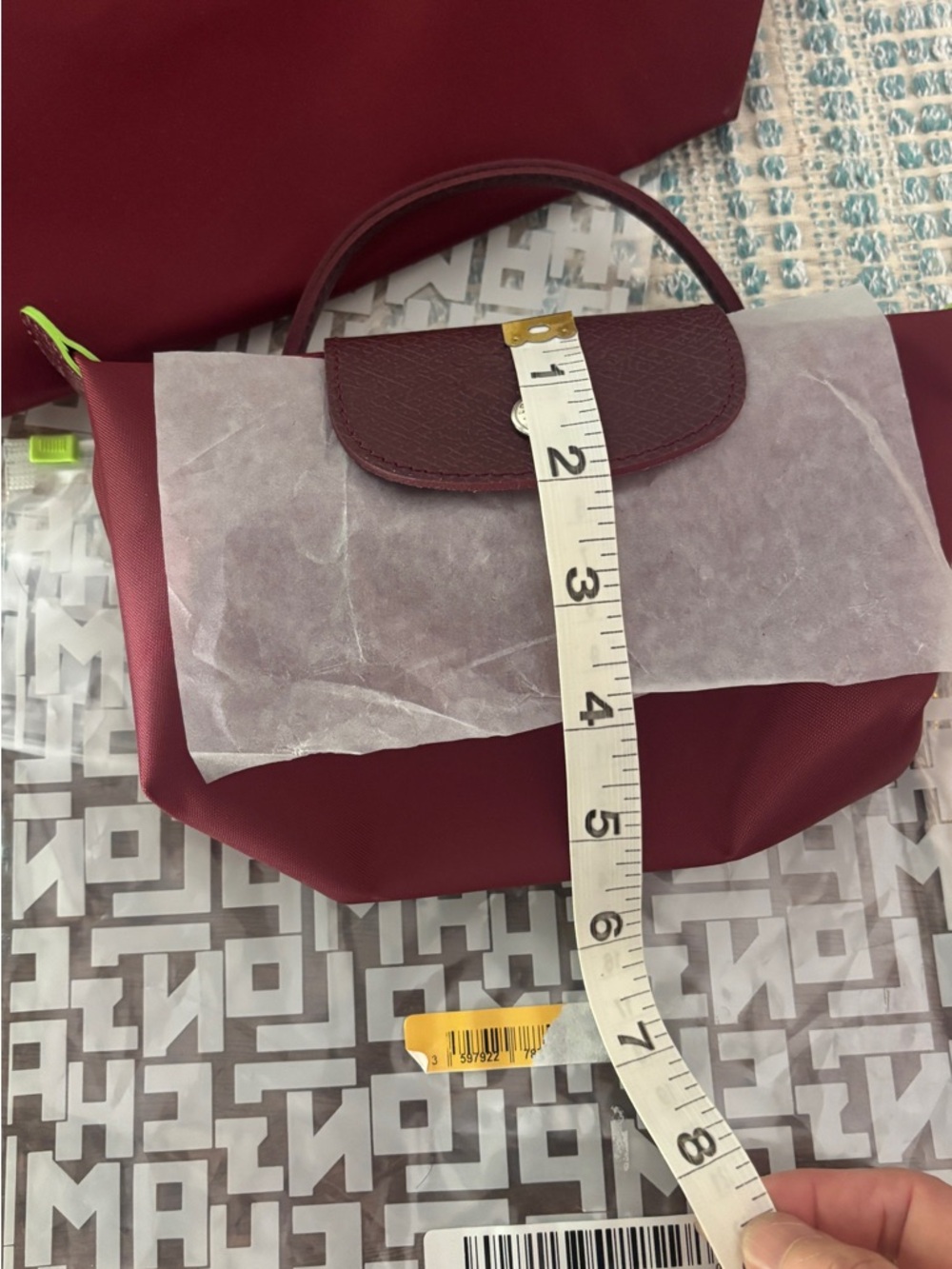Longchamp burgundy tote with lime trim size large (comes with a mini as bonus) - Picture 11 of 14